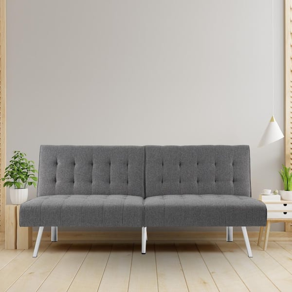 MAYKOOSH 68.5 in. W Gray Tufted Split Back Futon Sofa Bed, Linen Couch Bed, 3-Seat Futon Convertible Sofa Bed