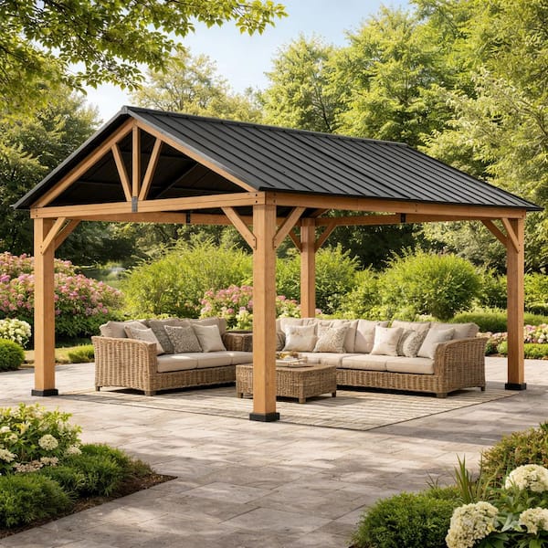 13 ft. x 11 ft. Cedar Wood Hardtop Outdoor Gazebo with Galvanized Steel Roof and Ceiling Hook
