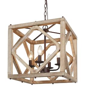 Rustic 4-Light Brown Candle Square Cage Chandelier for Bedroom, Kitchen with No Bulb Included