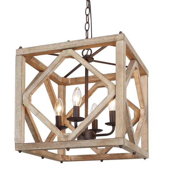 Unbranded Wood Chandelier 4-Light Brown Candle Square Cage Pendant Chandelier for Kitchen Island, Dining Room, Hallway