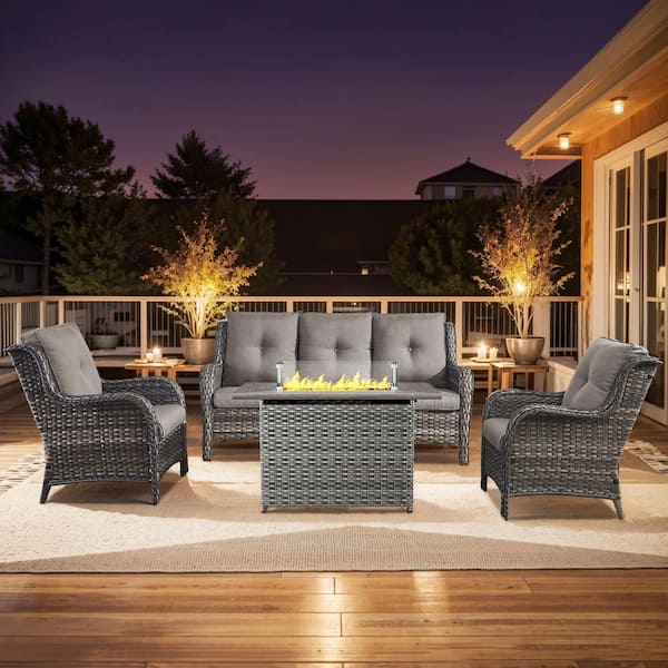 moosprr Arcline 4-Piece Gray Wicker Fire Pit Conversation Set with Olefin Gray Cushions and Lounge Chairs and Couch