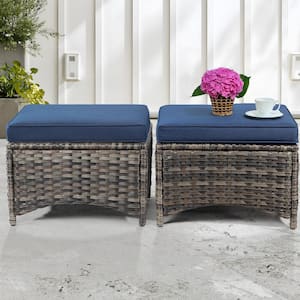 Brown Wicker Outdoor Ottoman Patio Footstool with Blue Cushions (2-Pack)