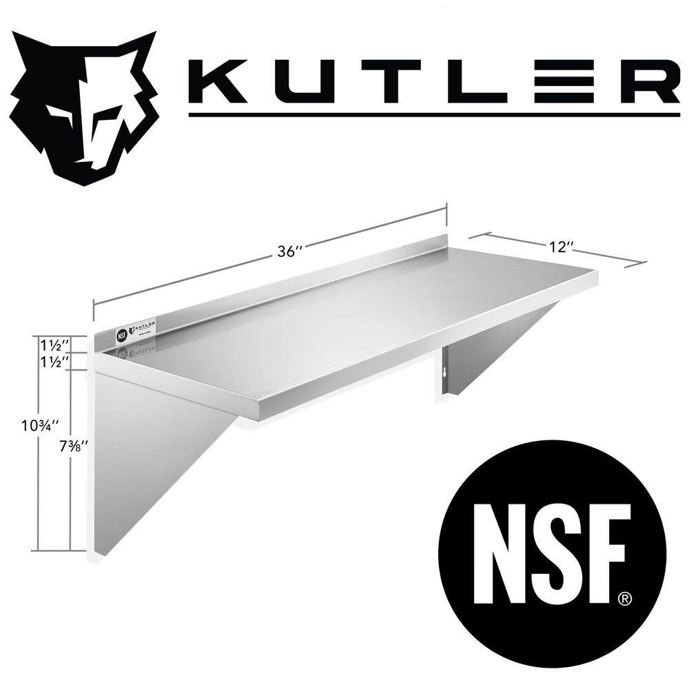 KUTLER 12" x 36" Stainless Steel Wall Mount Shelf with Backsplash