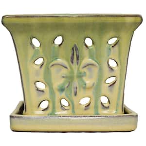 5 in. Square Green Glazed Ceramic Orchid Pot