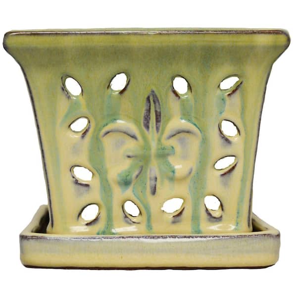 Better-Gro 5 in. Square Green Glazed Ceramic Orchid Pot