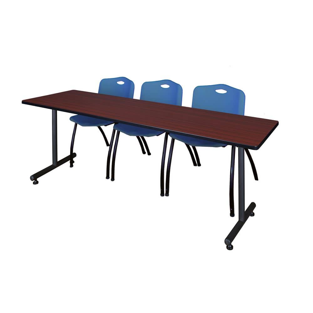 Kobe 84 in x 24 in. Mahogany T-Base Training Seminar Table Desk, 2 M Stack Chairs-Blue