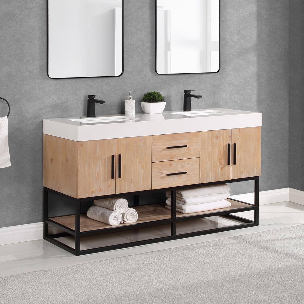 Bianco 60" Light Brown Wood Vanity with White Stone Top