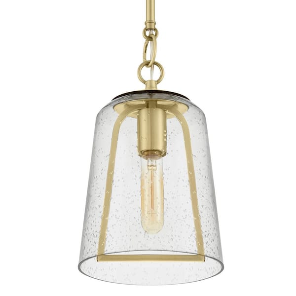 Home Decorators Collection Desmond 60-Watt 1-Light Brushed Gold Mini-Pendant with Smoke Seedy Glass Shade