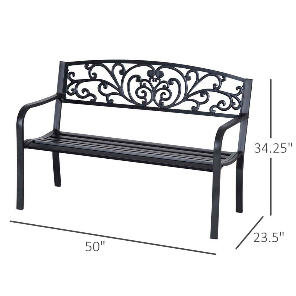 50" Black Iron Floral Pattern Outdoor Bench