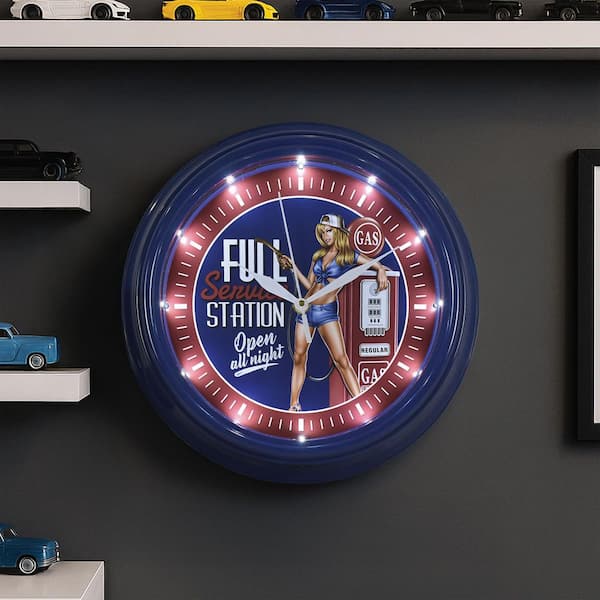 Gas Pin-Up Girl LED Vintage Wall Clock-Retro Garage Decor 12 in.