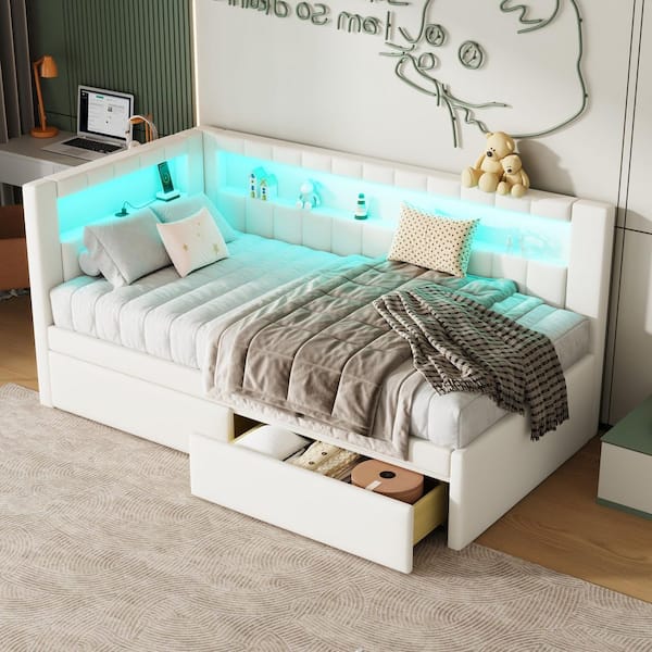 White Wood Frame Twin Size Upholstered Platform Bed with 2-Drawers, USB and LED Belt