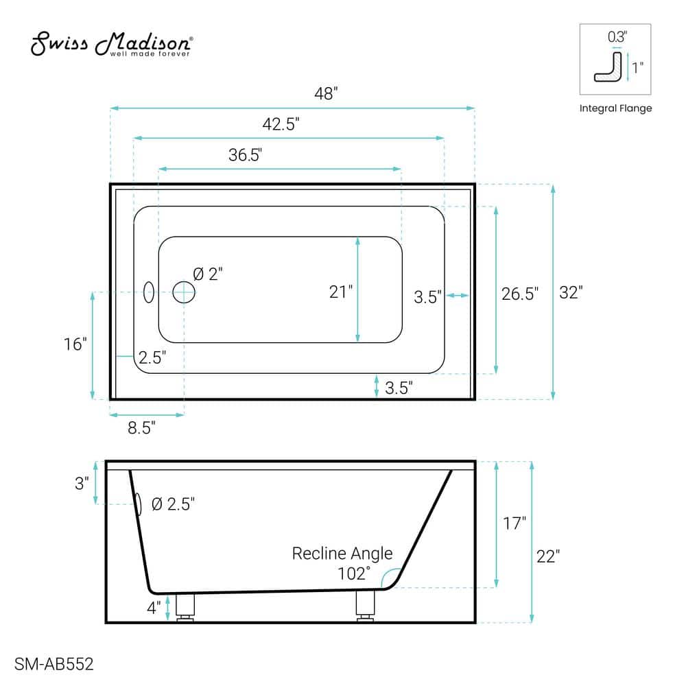 32" White Acrylic Alcove Bathtub with Apron
