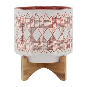 10 in. Red and White Ceramic Planter Stand Plant Pot with Wood Stand Feet for Outdoor/Indoor (1-Pack)
