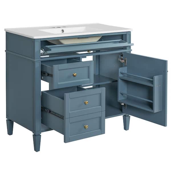 36 in. W x 18 in. D x 34 in. H Single Sink Freestanding Blue Bath Vanity with White Ceramic Top