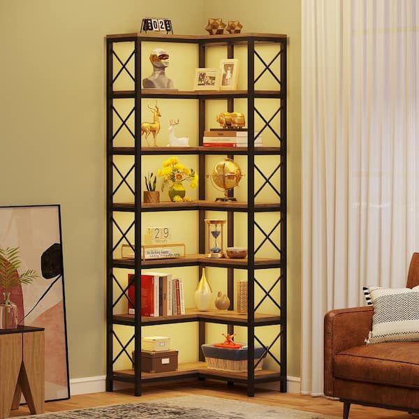 Eulas 79 in. Tall Gray Engineered Wood 7-Shelf Corner Bookcase Modern Corner Bookshelf Large Storage Display Rack
