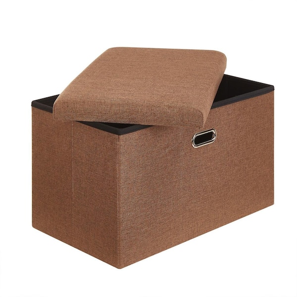 Large Storage Ottoman with Lid 24", Brown Foldable Linen Ottoman Bench with Padded Cushion Top for Bedroom, Living Room
