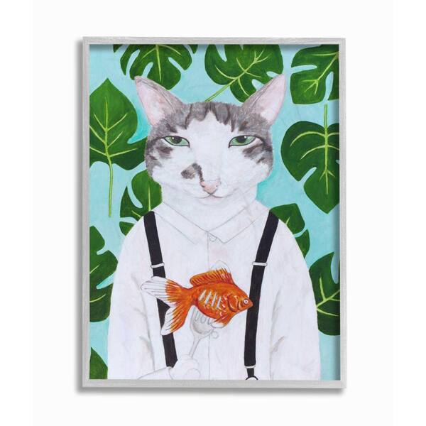 Stupell Industries "Cat Goldfish Dinner Funny Animal Portrait Painting" by Sally B Framed Abstract Wall Art 20 in. x 16 in.