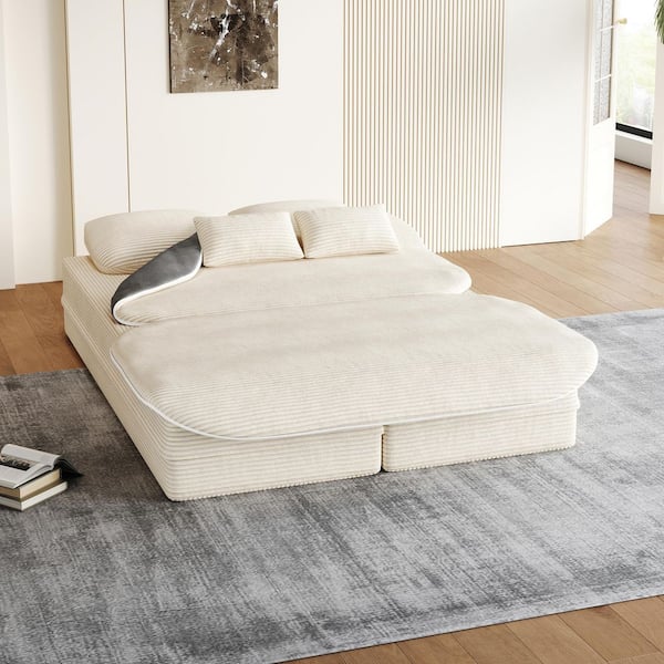 75 in. Convertible Beige Full Size Floor Sofa Bed with Pillows, Compression Corduroy Lounge Couch for Living Room