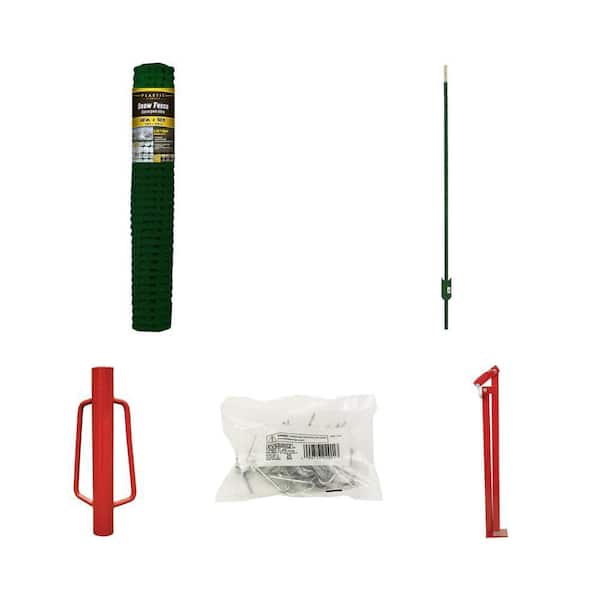 4 ft. x 50 ft. Green Snow Fence, 5 ft. Steel T-Post, Post Driver, Clips (25 per Bag) and Fence Puller Combo