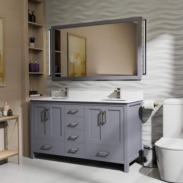 Lexora Jacques 60 in. W x 22 in. D Dark Grey Bath Vanity, Cultured Marble Top, and 58 in. Mirror