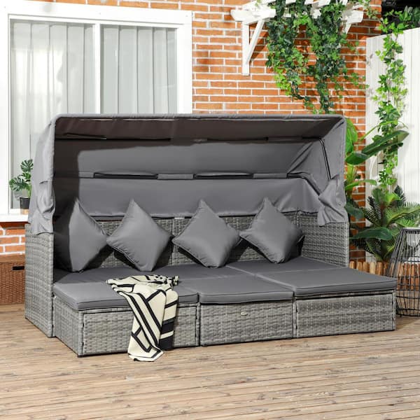 Outsunny 4-Pieces Metal Plastic Rattan Outdoor Couch Sectional Set with Light Gray Cushions and Overhead Canopy