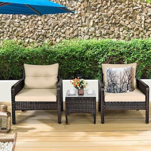 3-Pieces Rattan Outdoor Patio Conversation Set with Beige Cushions