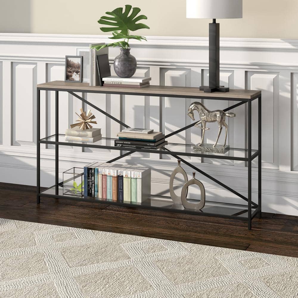 Fionn Blackened Bronze & Antiqued Gray Oak 55" Console Table with Glass Shelves