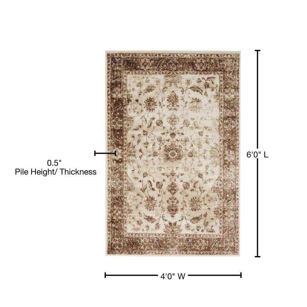 Ivory Floral 4' x 6' Stain-resistant Synthetic Rug
