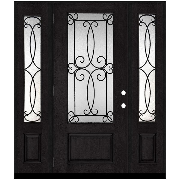 Regency 64 in. x 80 in. 3/4Lite Georgian Decorative Glass RHOS Onyx Mahogany Fiberglass Prehung Front Door w/Dbl12in.SL