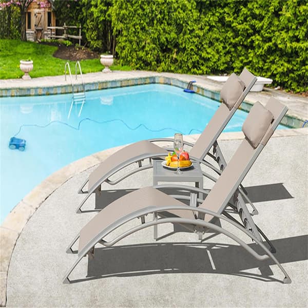 3-Set 70x50.7x33.7in. Outdoor khaki Aluminium Textilene Chaise Lounge 2Lounge Chairs 1Table Suitable for Gardens Beaches