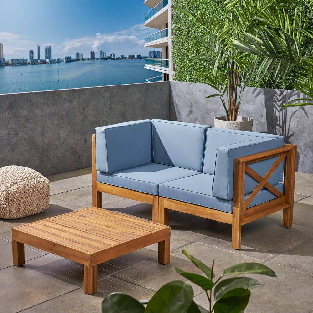 Brava Teak Brown 3-Piece Wood Patio Conversation Seating Set with Blue Cushions