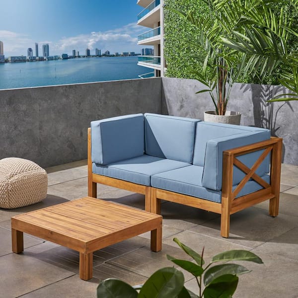 Noble House Brava Teak Brown 3-Piece Wood Patio Conversation Seating Set with Blue Cushions