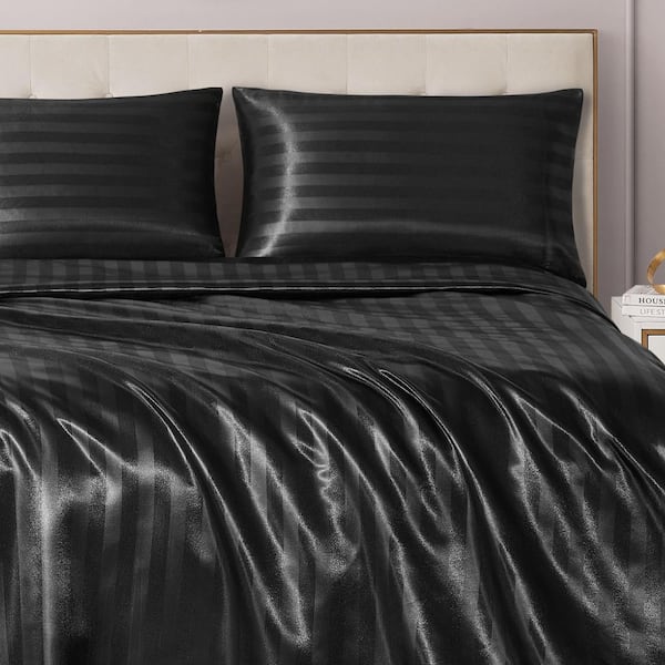 JUICY COUTURE Silky Satin Damask 4-Piece Black Striped Polyester Queen Soft Sheet Set