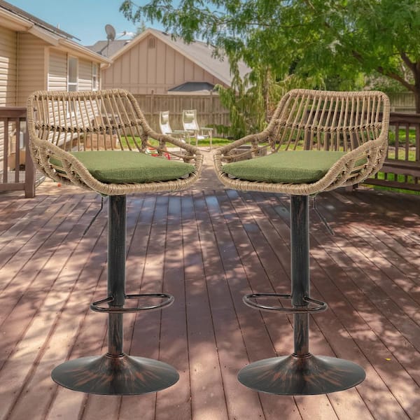 HOMEFUN 43 in. Swivel Anti-Bronze Metal Adjustable Outdoor Bar Stool with Green Linen Cushion Rattan Seat (Set of 2)