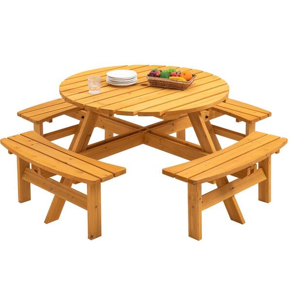 GOGEXX 70 in. W x 27 in.H x 70 in.D 8-People Picnic Table Natural Circular Outdoor Wooden Round Table Kit 4 Built-in Benches