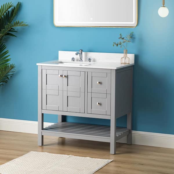 Unbranded Manue 36 in. W x 22 in. D x 35.6 in. H Freestanding Bath Vanity in Grey with White Cultured Marble Top