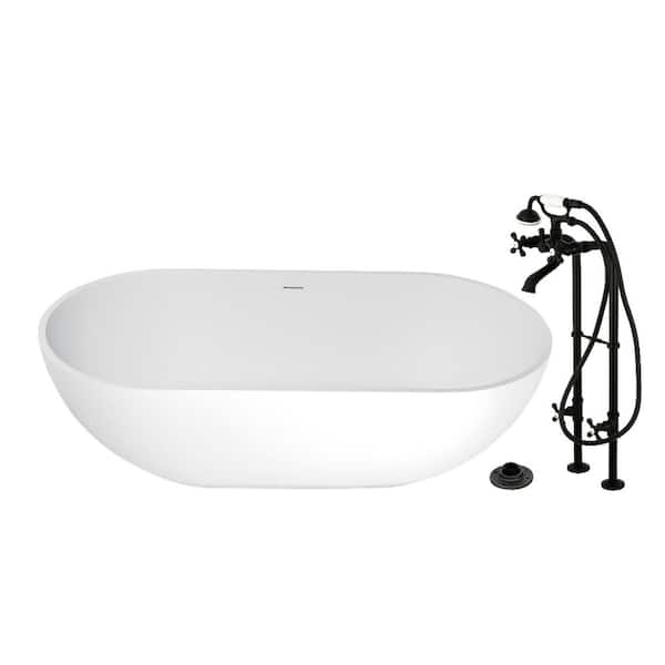 Arcticstone 70.1 in. x 34.6 in. Surface White Stone Flatbottom Soaking Freestanding Bathtub in White/Matte Black