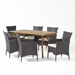 Amelia 7-Piece Wood and Faux Rattan Outdoor Dining Set with Beige Cushion