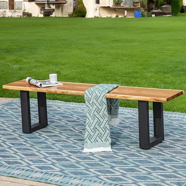 PHI VILLA Brown Solid Acacia Wood Patio Dining Bench with Metal Legs
