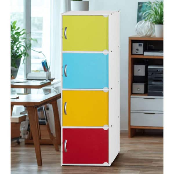 47.3 in. Tall Rainbow Wood 4-Shelf Bookcase with 4-Doors Enclosed Storage 4-Tier Bookshelf for Home or Office