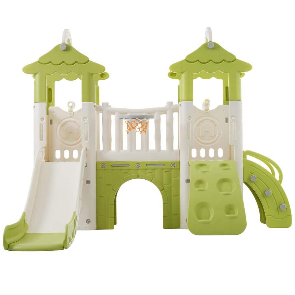 Green 8-1 Freestanding Toddler Climber and Slide Set with Basketball Hoop
