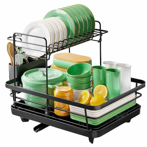 Black Kitchen Counter Style, Stainless Steel with Cutlery Holder, 12 in. W x 15.5 in. L, 2 Tiers Dish Rack
