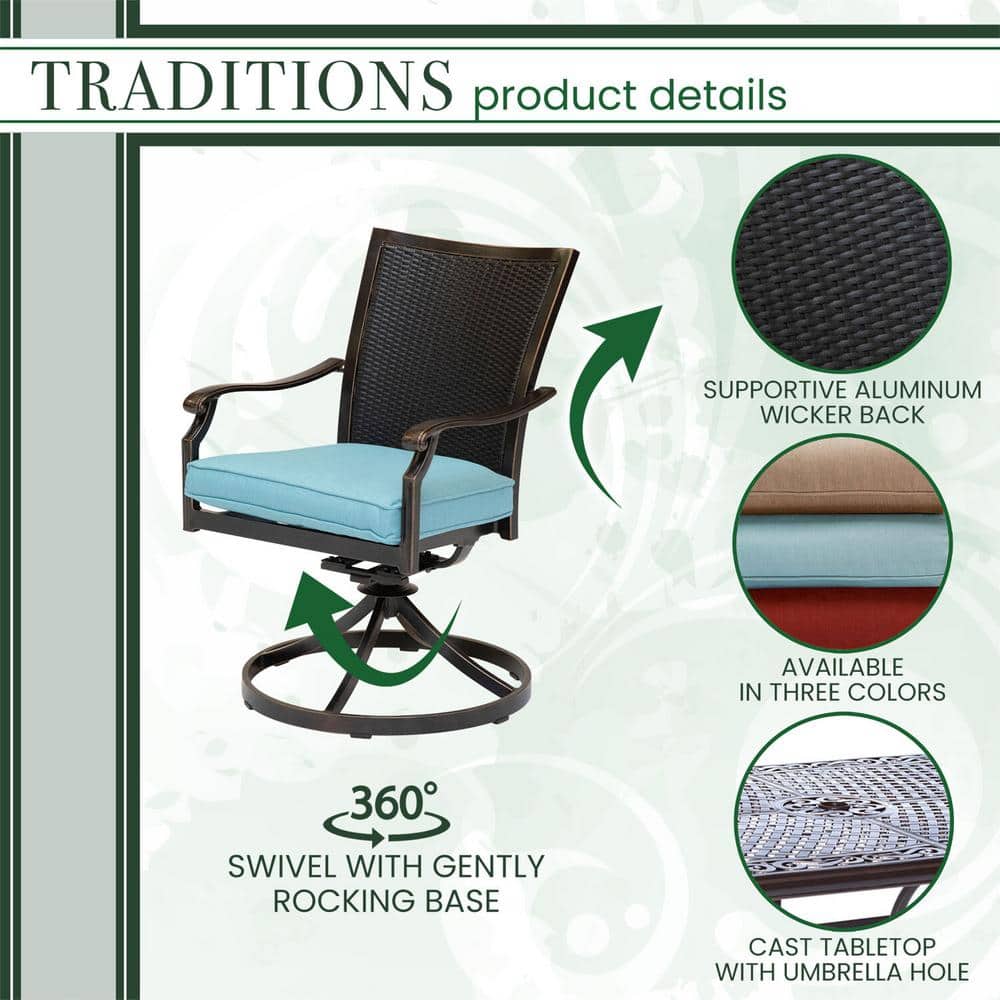 Traditions Elegance 7-Piece Blue Cast-Top Outdoor Dining Set with Wicker Swivel Rockers