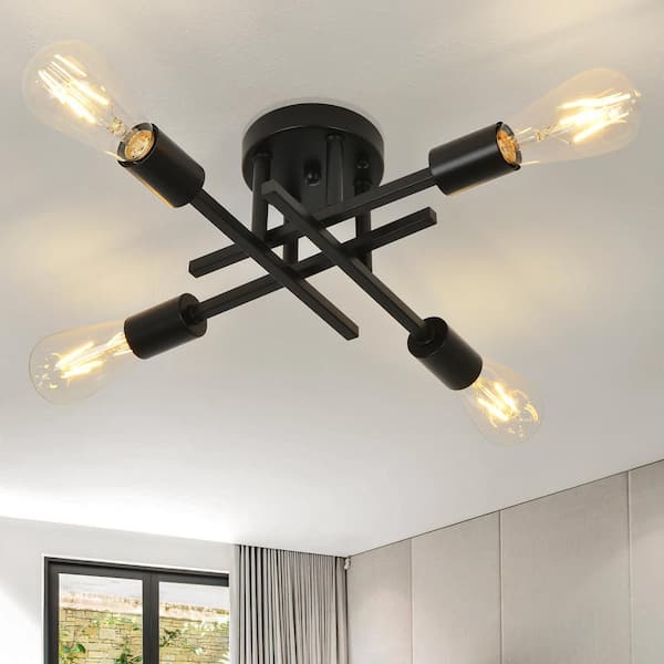 GoYeel 4 Lights Modern Black Branch Chandelier, 4-Light Industrial Kitchen Island Semi Flush Ceiling Pendant Light Fixture