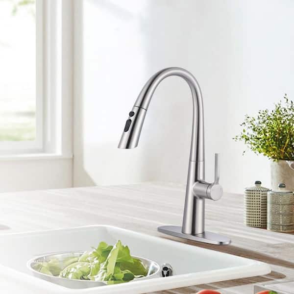 17.7 in. Single Handle Pull Down Sprayer Kitchen Faucet with 360° Swivel Spout in Brushed Nickel