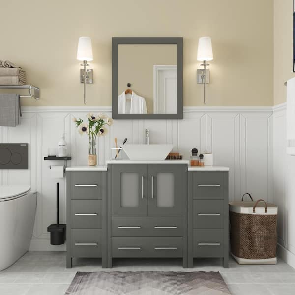 Vanity Art Ravenna 48 in. W Bathroom Vanity in Grey with Single Basin in White Engineered Marble Top and Mirror
