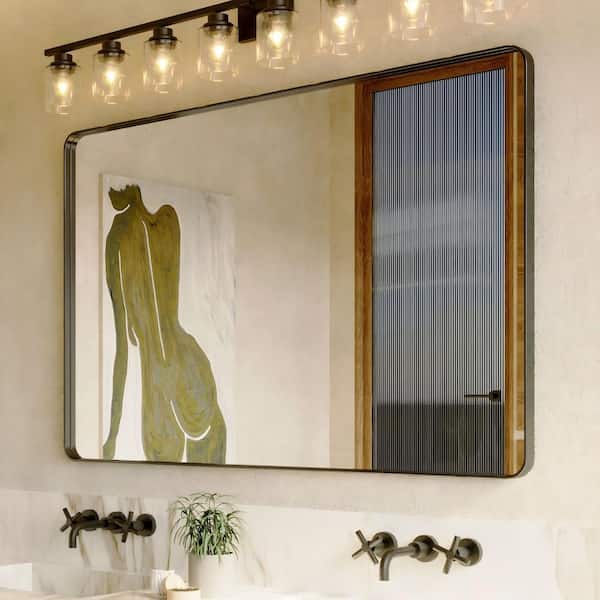 40 in. W x 60 in. H Rectangular Aluminum Framed Modern Black Rounded Wall Mirror