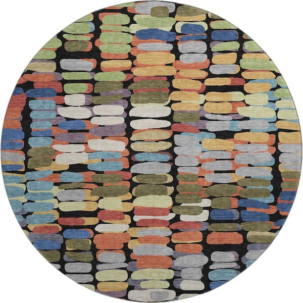 Mayfield Premium Machine Washable Abstract AMF2349 Black 8 ft. x 8 ft. Round Rug