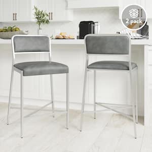 Kira 24" Counter Height Bar Stool Set of 2, Gray Leather Seat Silver Metal Frame