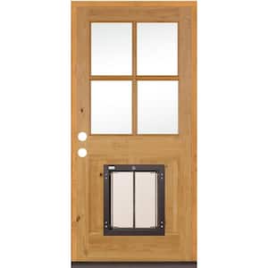 32 in. x 80 in. Knotty Alder Right-Hand/Inswing 4-Lite Clear Glass Clear Stain Wood Prehung Front Door w/Large Dog Door